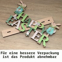 Veľkonočná drevená dekorácia na stojane s figúrkou zajačika a nápisom Frohe Ostern, stolná veľkonočná dekorácia 3