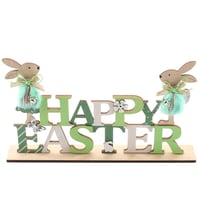 Veľkonočná drevená dekorácia na stojane s figúrkou zajačika a nápisom Frohe Ostern, stolná veľkonočná dekorácia 1