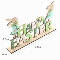 Veľkonočná drevená dekorácia na stojane s figúrkou zajačika a nápisom Frohe Ostern, stolná veľkonočná dekorácia 2