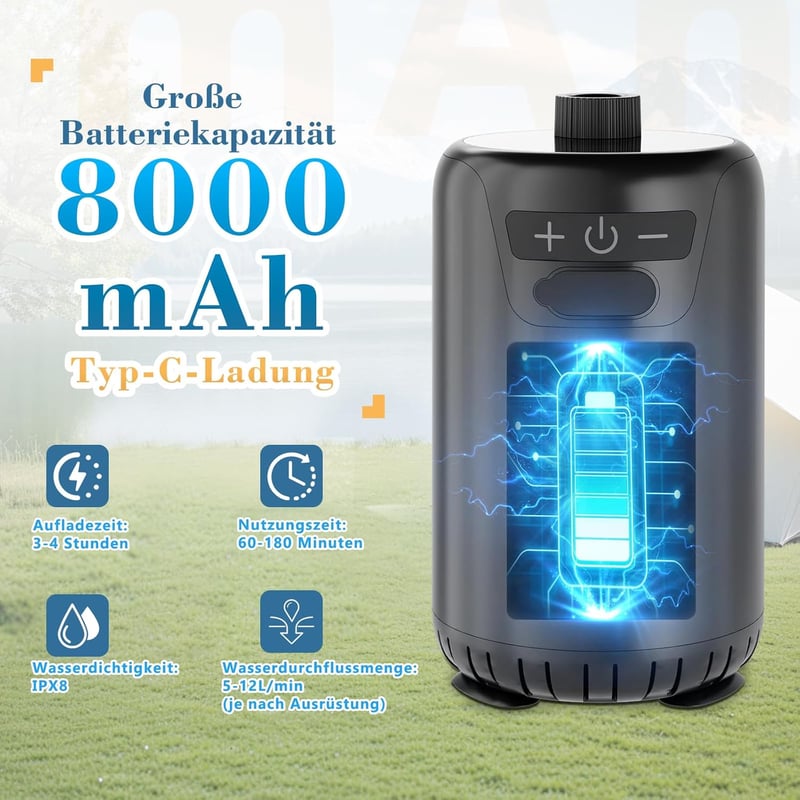 Daipaoer 8000mAh Hordozható Kempingzuhany Szivattyúval és Szűrővel
