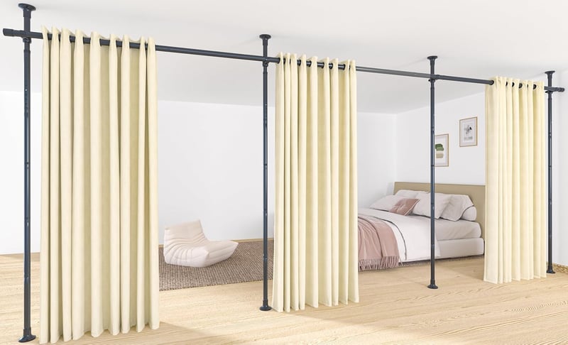 Cadru despărțitor de cameră DAKEPOLE din 3 piese cu bară pentru perdea, negru - 420x317 cm