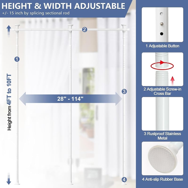 DAKEPOLE Állítható Térelválasztó Függönyrúd - Rugalmas Paraván Keret Nappali és Hálószoba Elválasztásához - 280 cm × 317 cm, Fehér, Szerszám