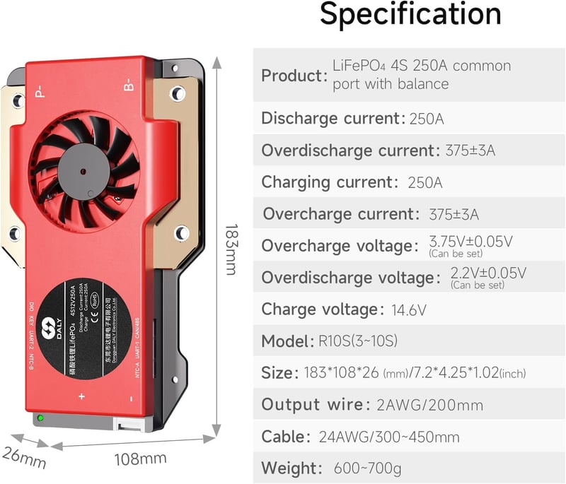 DALY Smart 4S 12V BMS LiFePO4 Lítium Akkumulátor Vezérlő WiFi RS485 CAN 250A - LifePO4 4S 12V 250A