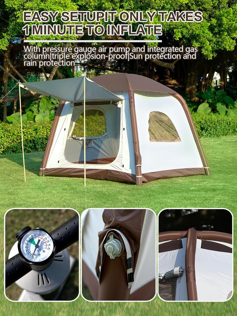 DanCoom felfújható sátor 2-8 személyes camping sátor esővédővel - Small (2-4 people) brown/beige