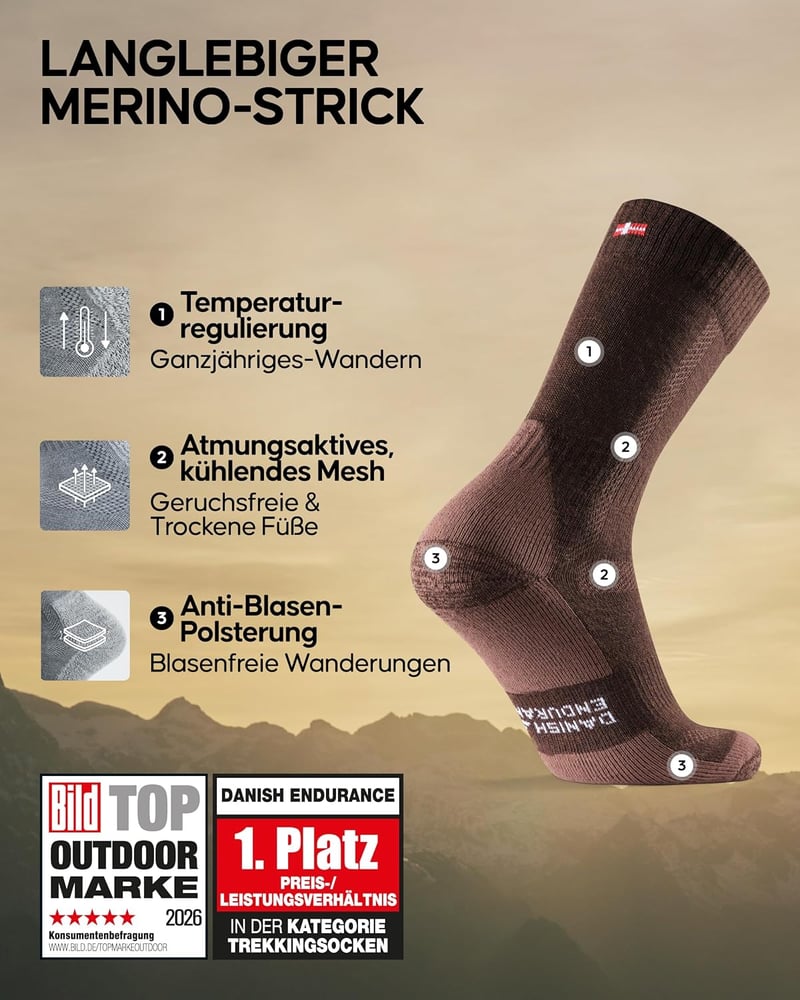 Șosete de drumeție din lână merino DANISH ENDURANCE, șosete termice pentru exterior, căptușite, antibacteriene, unisex, 3 perechi