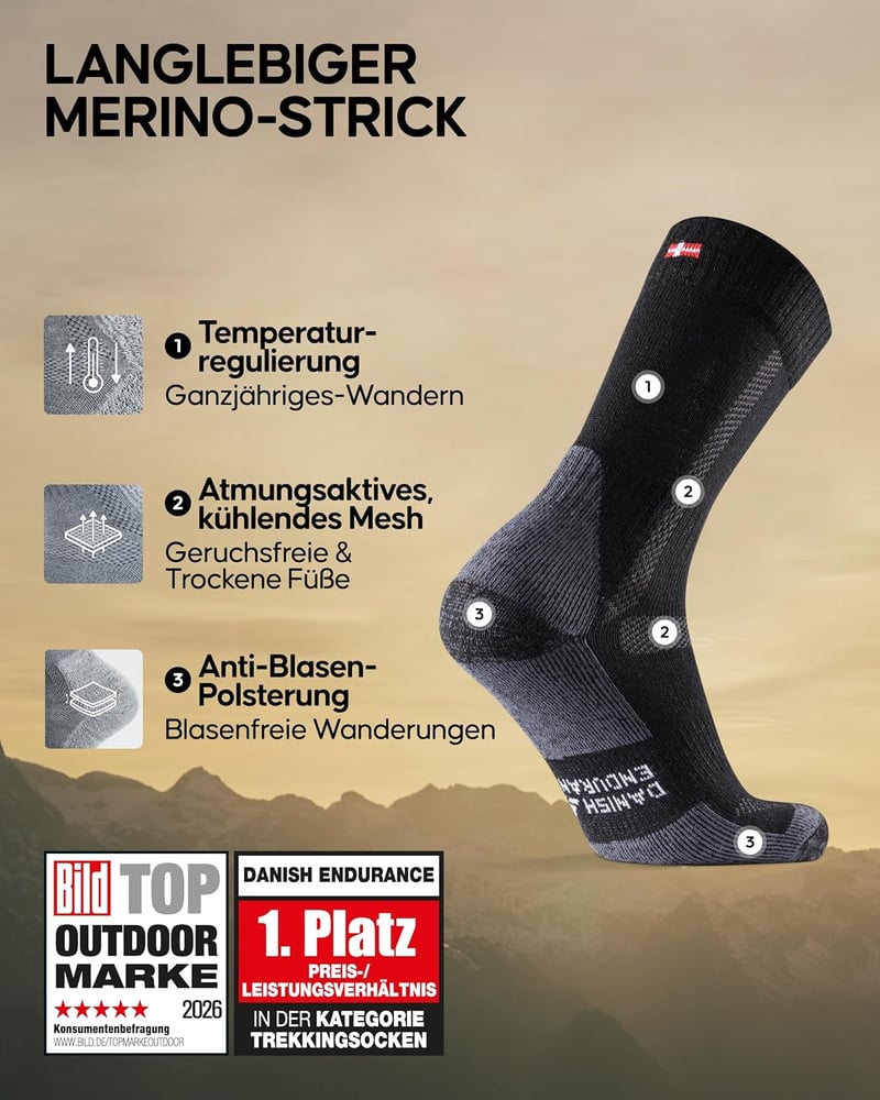 Șosete de drumeție DANISH ENDURANCE Merino, polar termic, bărbați, femei, copii, 3 perechi, căptușite