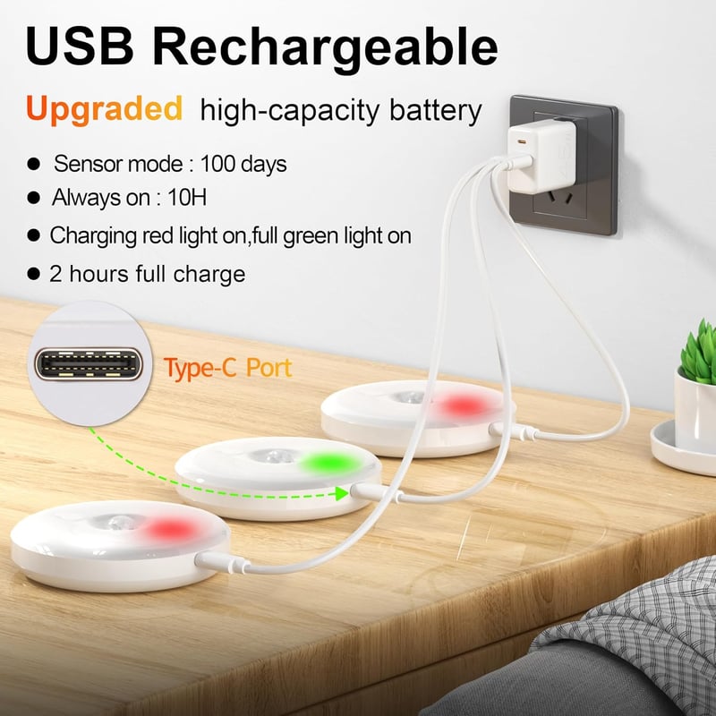 daphomeu 6db Mozgásérzékelős LED Éjszakai Lámpa USB Töltős Szekrény Lépcsőhöz