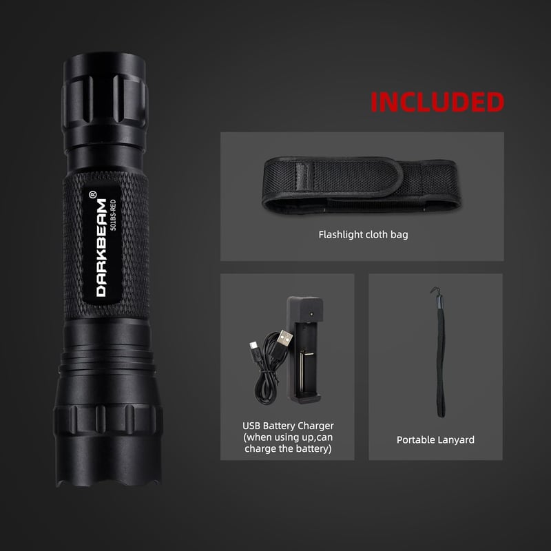 DARKBEAM 501BS Taktikai Piros LED Zoomolható Töltőhető USB Lámpa Halászat Vadászat