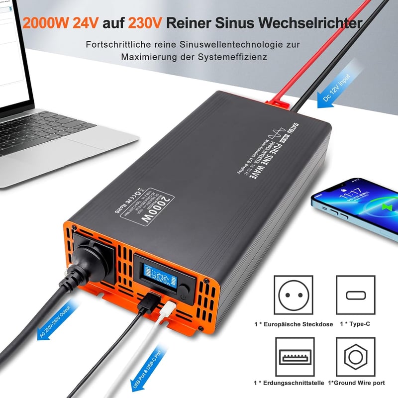 DATOUBOSS 2000W/4000W Inverter 24V-230V tiszta szinuszhullám USB Type-C LCD kijelzővel