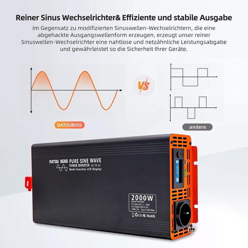 DATOUBOSS 2000W/4000W Inverter 24V-230V tiszta szinuszhullám USB Type-C LCD kijelzővel