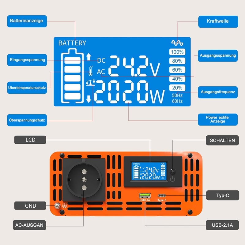 DATOUBOSS 2000W/4000W Inverter 24V-230V tiszta szinuszhullám USB Type-C LCD kijelzővel