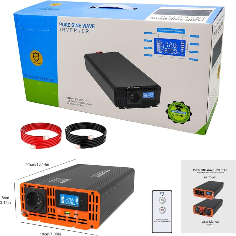 DATOUBOSS 2000W/4000W Inverter 24V-230V tiszta szinuszhullám USB Type-C LCD kijelzővel