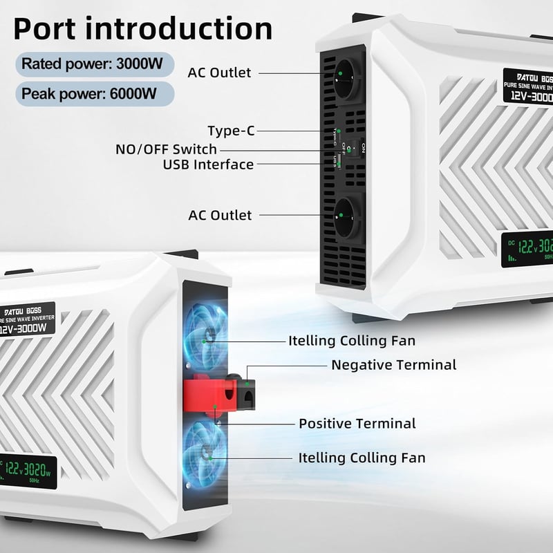 DATOUBOSS 3000W/6000W Inverter 12V-230V Tiszta Szinusz USB-C LCD Kijelzővel