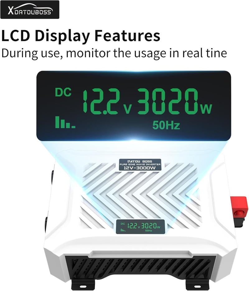 DATOUBOSS 3000W/6000W Inverter 12V-230V Tiszta Szinusz USB-C LCD Kijelzővel