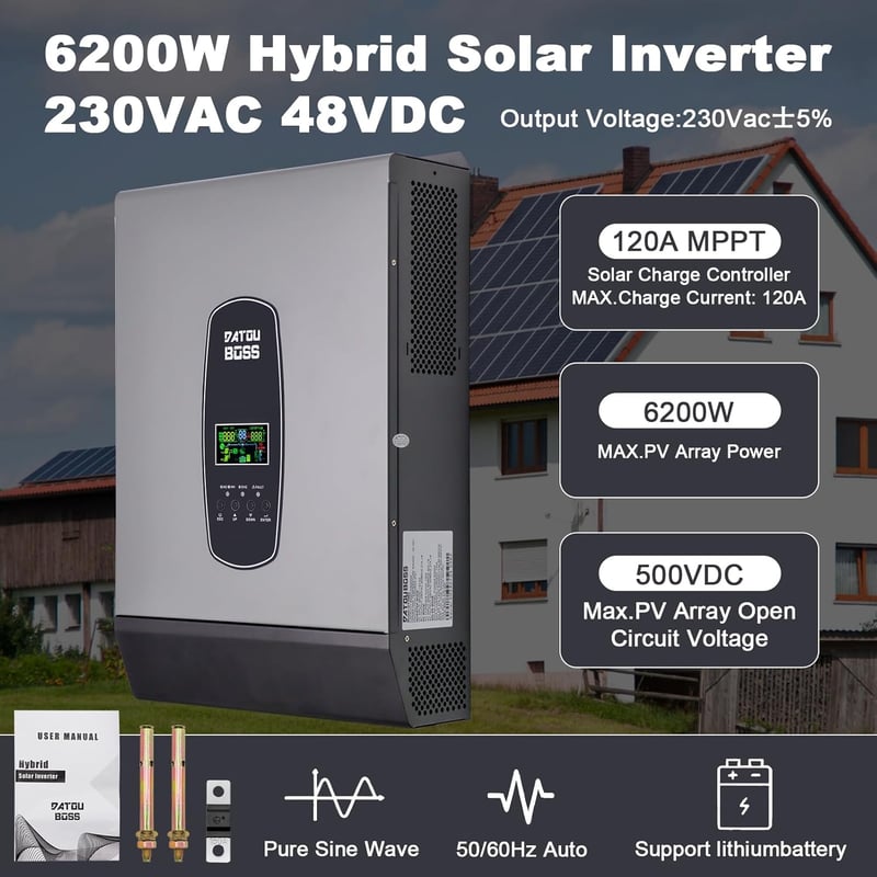 DATOUBOSS 6200W 48V Hibrid Inverter - Tiszta Szinusz Napelemes Átalakító 220V/230V AC Kimenettel, 120A MPPT Napelem Szabályzóval, Akkumuláto