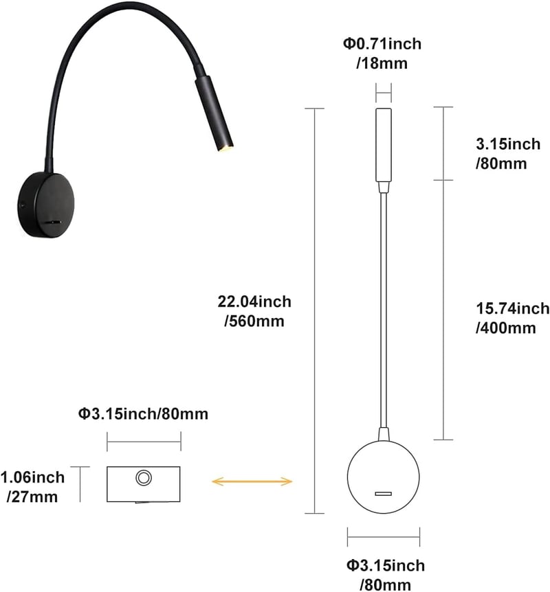 DAWALIGHT Fali Olvasólámpa 2 db Flexibilis Gönyörlábas LED 3W Fekete Hálószobai Fali Lámpa Kapcsolóval