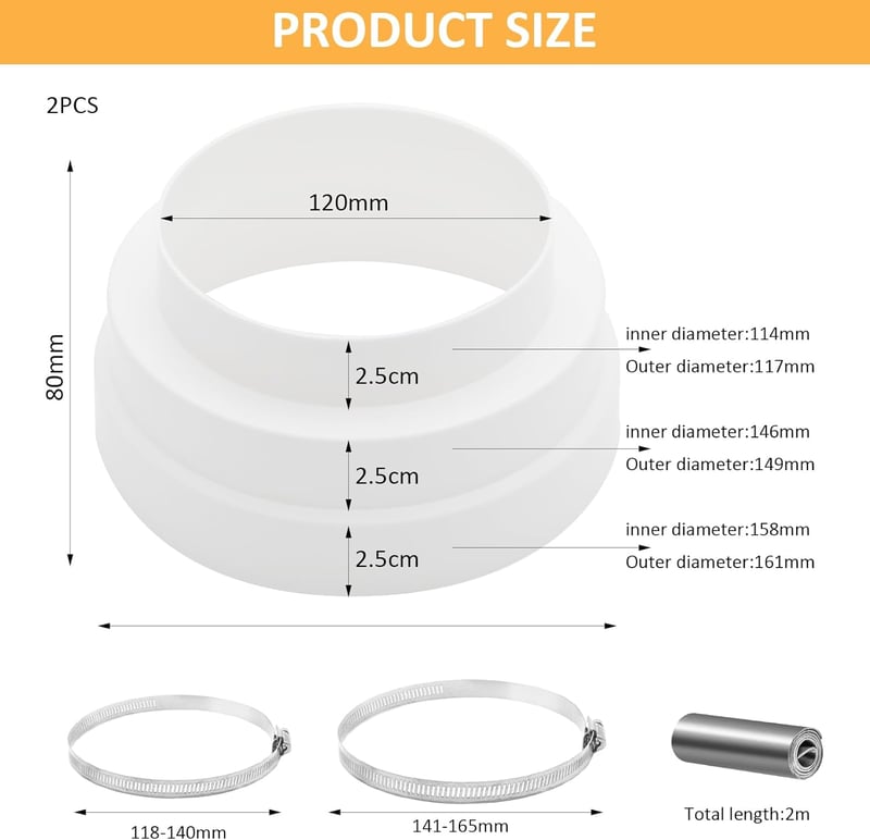 DAWRIS 2db Szűkítő Csatlakozó 120-160mm Rozsdamentes Bilinccsel Szellőzéshez
