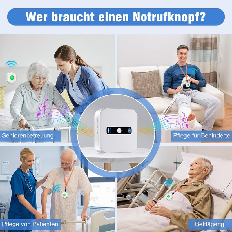 Daytech Vészjelző Gomb Időseknek - Vezeték Nélküli Segélyhívó Szett 3 Adóval és 2 Vevővel, 150m Hatótáv, Vízálló, Nyakba Akasztható - Fit B (Receiver X 2 + Transmitter X 2 + Doorbell X 1)