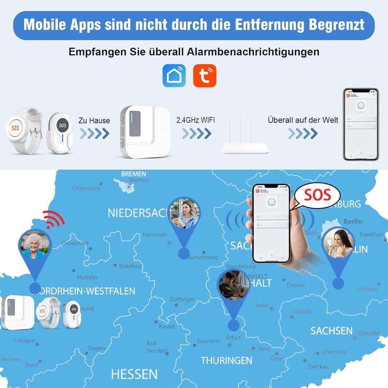 Daytech Vészjelző Gomb Időseknek - WiFi Tuya Smart SOS Rendszer Mobiltelefonra - Segélyhívó Betegeknek, Fogyatékkal Élőknek és Gyermekeknek