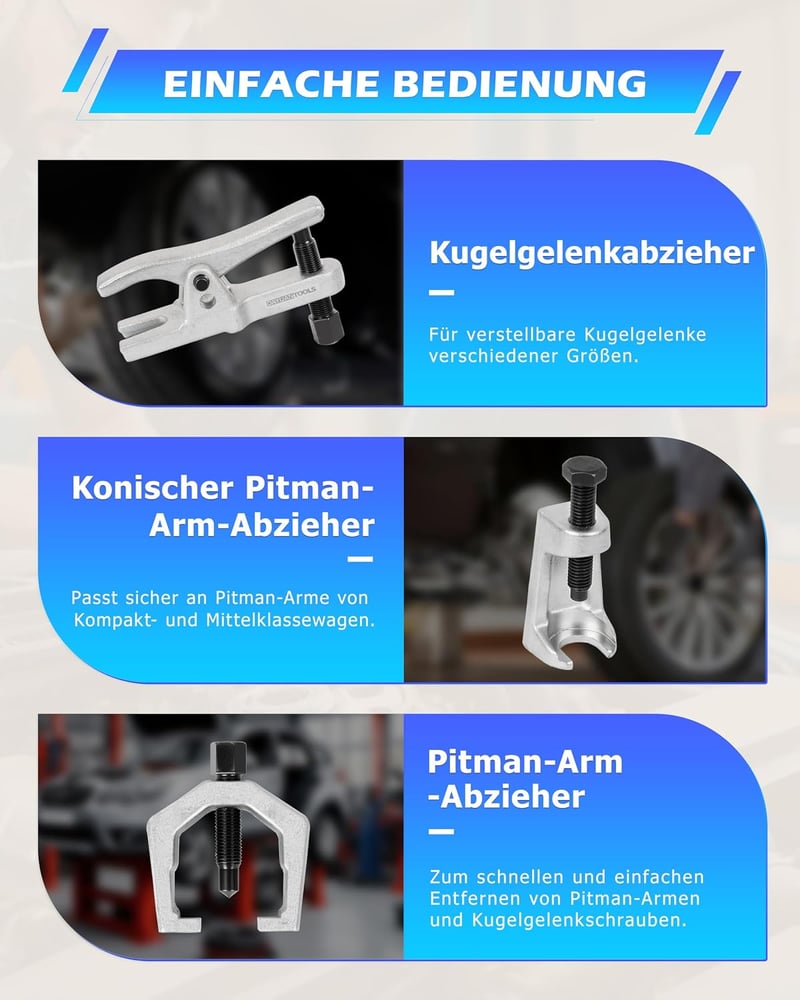 DAYUAN 5 részes gömbfej és kormányműösszekötő rúd kihúzó készlet, kormányösszekötő gömbcsukló leszedő szerszám kék dobozban