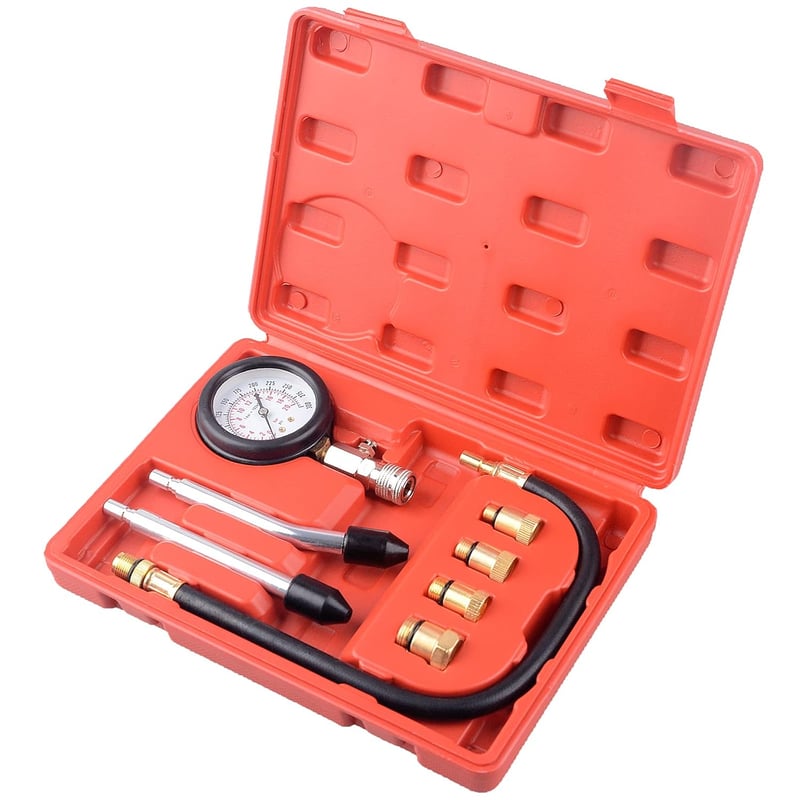 DAYUAN Kompressziómérő Készlet Autómotorokhoz - M10, M12, M14, M18 Adapterekkel, 0-20 bar/0-300 psi Mérési Tartomány, Piros