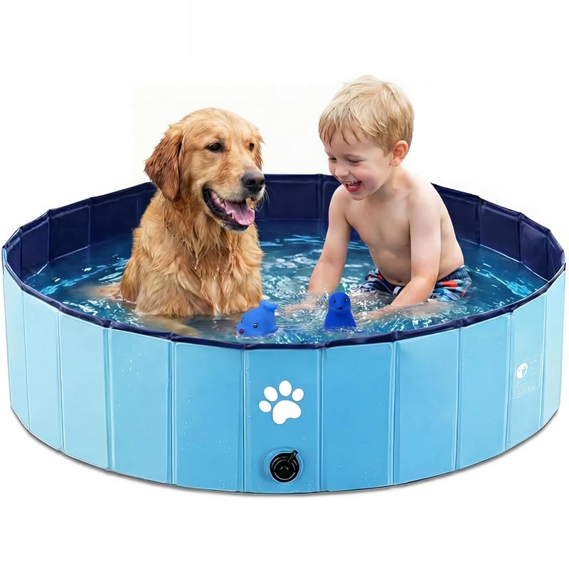 Piscină pliabilă pentru câini Dazhtu 100x30 cm, cu orificiu de scurgere, piscină portabilă din PVC antiderapantă pentru câini mari și mici, albastru