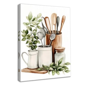 Dazzlewall akvarel botanický obraz do kuchyne, plagát so šalviovo zelenými listami eukalyptu a kuchynským náradím s rámom, 30x40 cm