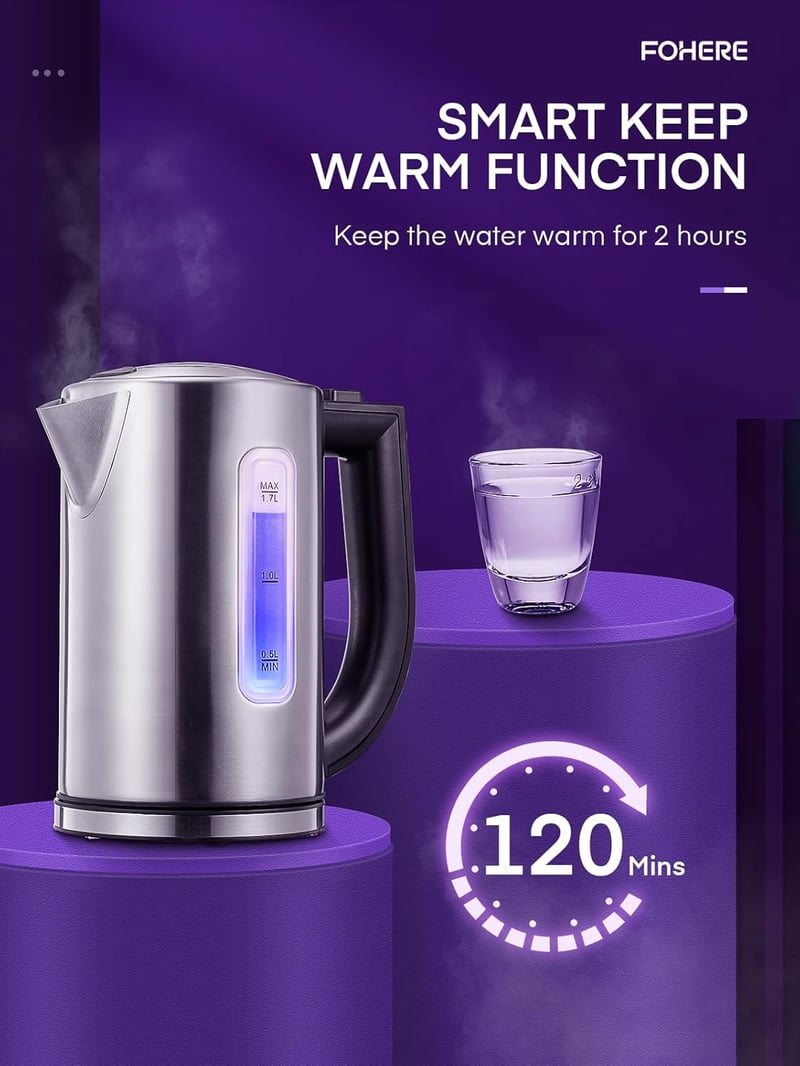 Színváltós LED-es vízforraló 2200W, 1,7L, 5 hőfokkal, melegen tartás funkcióval