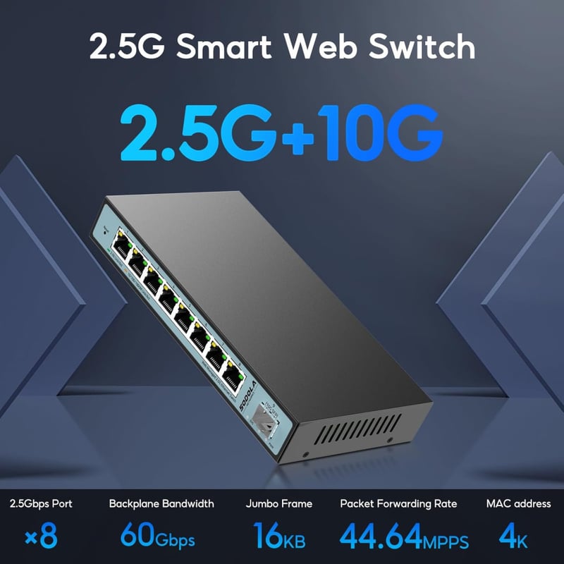 9 portos 2.5GbE web‑menedzselhető switch – 1×10G SFP+ + 8×2.5G RJ45, LACP/VLAN/QoS/IGMP, ventilátormentes fémház