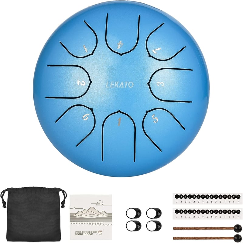 LEKATO Acél Nyelv Dob 15,2 cm 8 Hangú C-Hangnemben - Kék Meditációs Hangdob Jógához, Hangterápiához, Kezdőknek Ütőkkel és Kiegészítőkkel