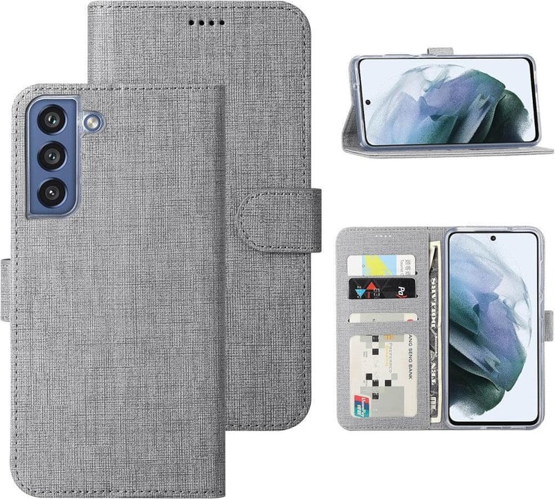 Samsung Galaxy S21 FE 5G Szürke Mágneses Pénztárcatartó Védőtok Állvánnyal