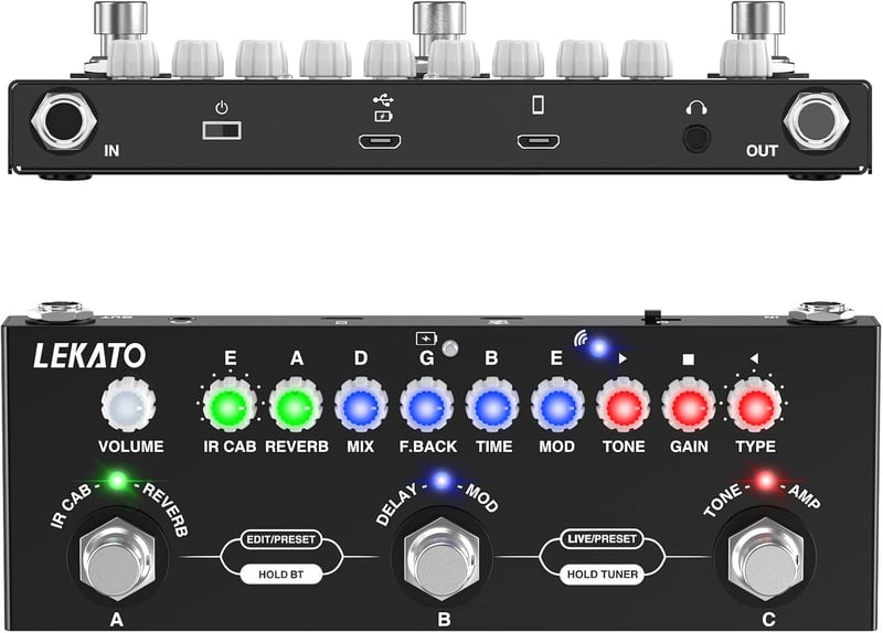 LEKATO gitár multieffekt pedál - 9 erősítő, IR-betöltés, Bluetooth 5.0, felvétel