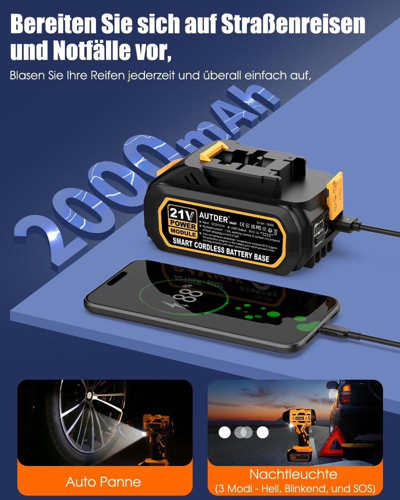 AUTDER Akkumulátoros Légkompresszor 180 PSI - Hordozható Autó Pumpa 21V Újratölthető Akkuval és 12V Szivargyújtó Adapterrel, Digitális Kijel