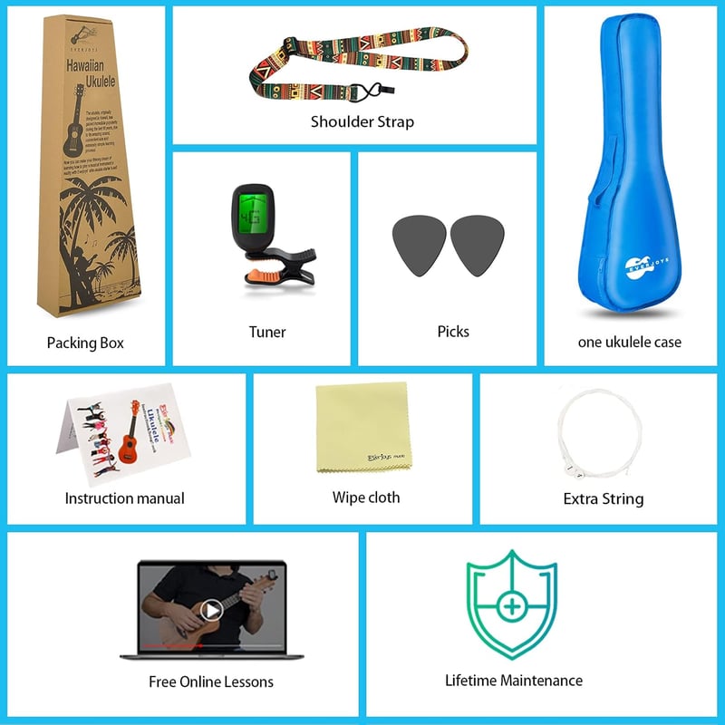 Everjoys Szoprán Ukulele Készlet - 21 Hüvelykes Fekete Hawaii Gitár Kezdőknek