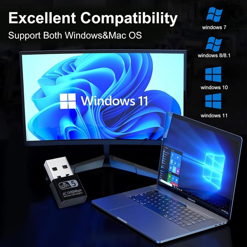 Aigital USB WiFi Adapter 1300Mbps Dual Band 2.4GHz/5.8GHz Vezeték Nélküli Hálózati Vevő PC/Laptop Windows 11/10/8/7/XP és Mac OS Kompatibili