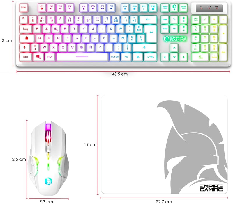 Empire Gaming Armor RF800 Vezeték Nélküli RGB Gamer Billentyűzet-Egér Szett Egérpaddal - 4800 DPI - PC/PS4/PS5/Xbox/Mac Kompatibilis - Fehér