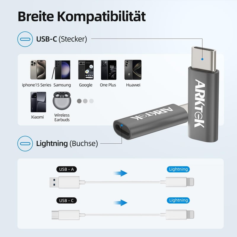 ARKTEK Lightning-USB C adapter iPhone 15, Galaxy S23, Pixel 8 töltéséhez (2db, szürke)