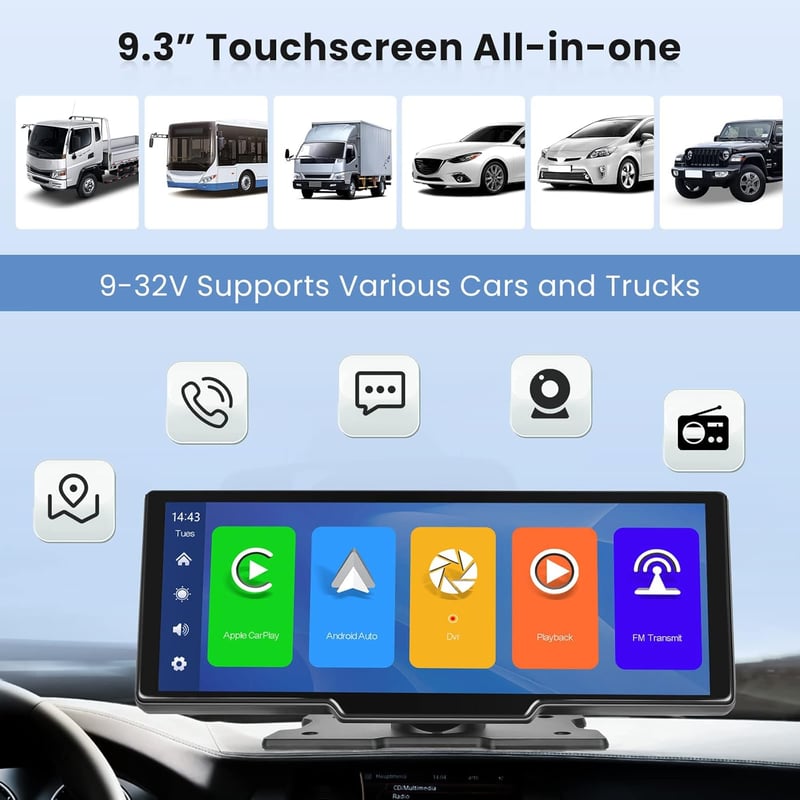 Hikity 9,3" IPS érintős autórádió vezeték nélküli CarPlay-jel, Android Auto, dupla kamera, 64GB TF kártya