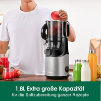 Fretta Slow Juicer 135mm XXL Nyílással - 1,8L Hidegpréselő Gyümölcs és Zöldségprés, Egész Gyümölcsökhöz, BPA-mentes Tritan Anyag, 250W, Szür 1
