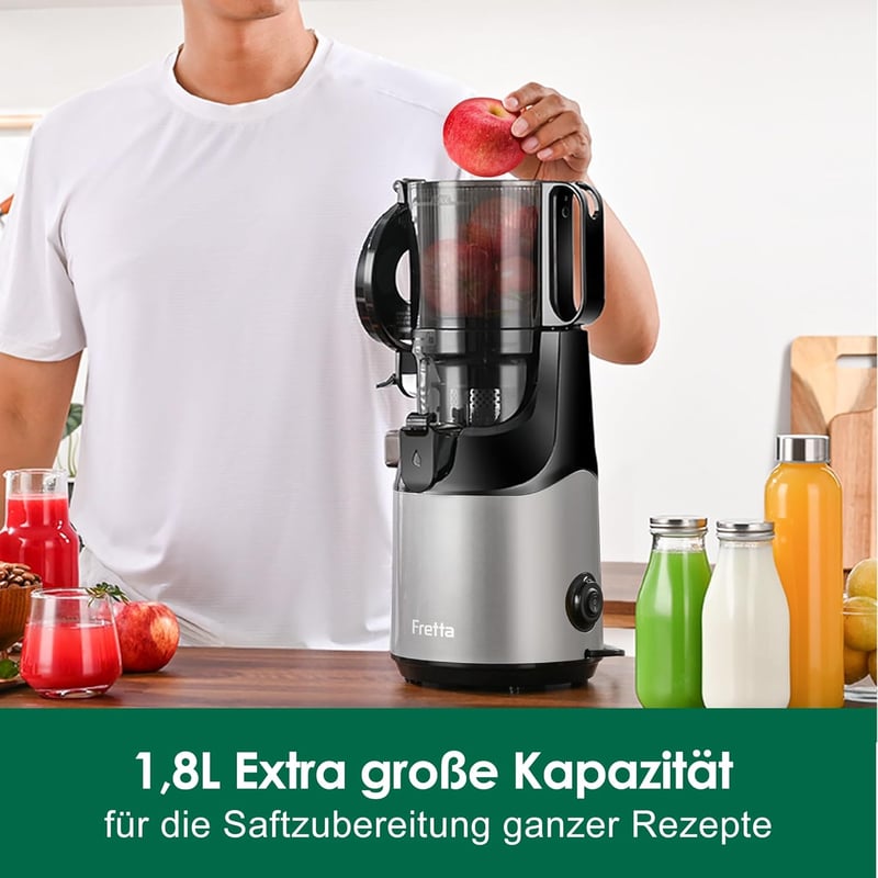 Fretta Slow Juicer 135mm XXL Nyílással - 1,8L Hidegpréselő Gyümölcs és Zöldségprés, Egész Gyümölcsökhöz, BPA-mentes Tritan Anyag, 250W, Szür