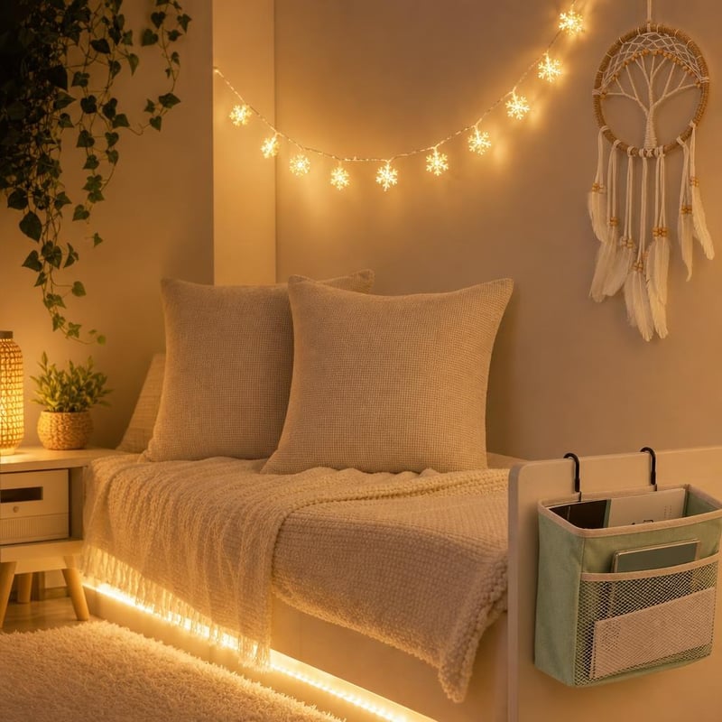 Dreamy Corner set: 5m LED traka + lampice pahuljice + 2 jastučnice + hvatač snova + viseća košara