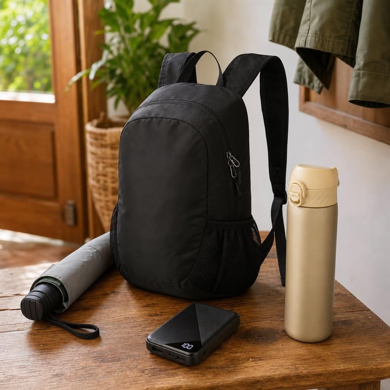 Balík na mestskú turistiku: 1x batoh + 1x powerbanka + 1x fľaša 500ml + 1x automatický dáždnik