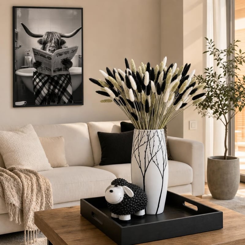 Monokromatski dekor set: 120x pampas trava + 65cm vaza + slika + figura ovce + drveni pladanj