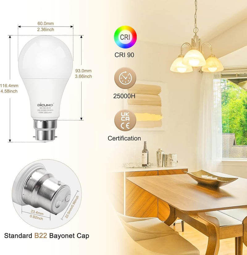 DiCUNO B22 LED Izzó 15W, 100W Izzó Helyettesítő, 2700K Meleg Fehér, 1350 Lumen, A60 Klasszikus Forma, Energiatakarékos, Beltéri Használatra,