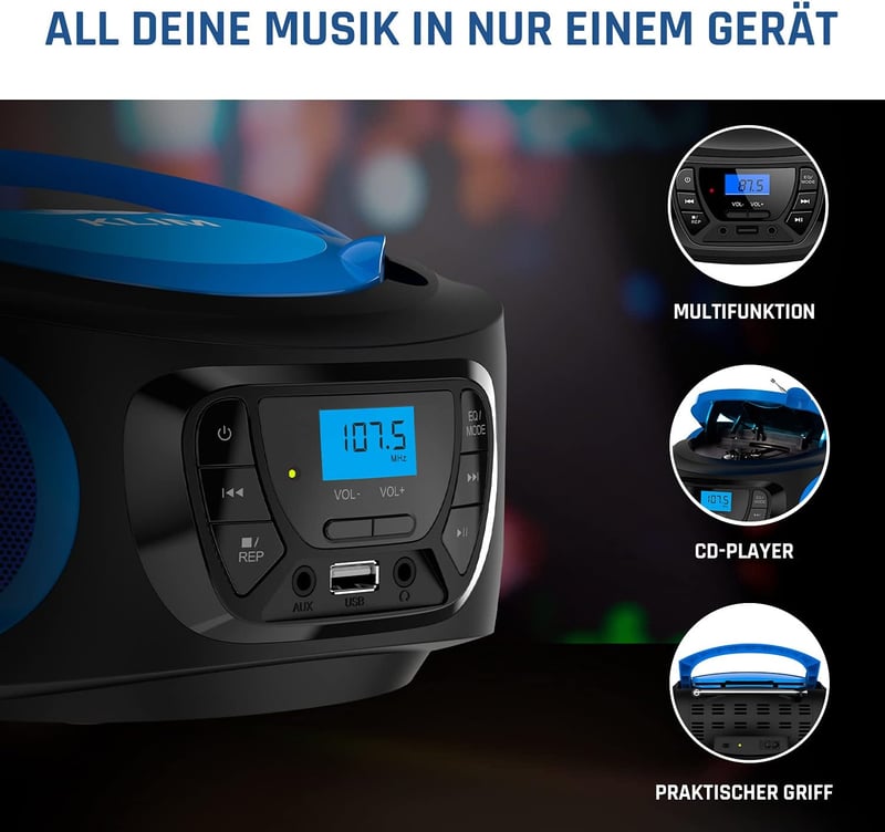 KLIM Boombox Hordozható CD Lejátszó - FM Rádió, Bluetooth, MP3, USB, AUX - Újratölthető Akkumulátor, Kompakt Kialakítás, RGB Világítás - Kék