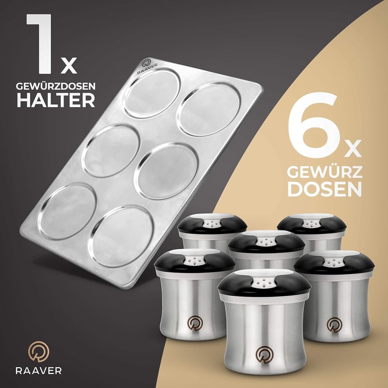 RAAVER mágneses fűszertartó készlet - 6 rozsdamentes acél doboz + állvány, BPA-mentes