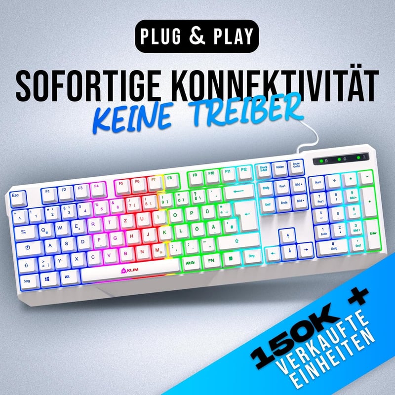 KLIM Chroma RGB Gamer Billentyűzet - Német QWERTZ, Fehér, Vízálló, Csendes Billentyűk, Tartós, Ergonomikus, USB Kábeles - PC, Mac, PS4, PS5 