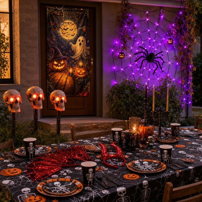 Halloween set za zabavu: 3x lubanja + banner + LED paukova mreža + set vrag + 97-dijelni set posuđa