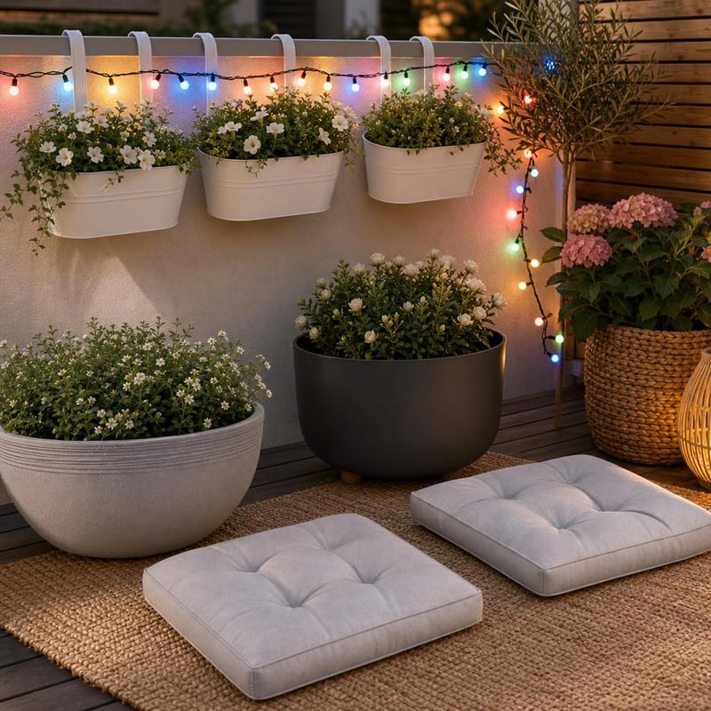 Balkonkert oázis: ültetőtál + lábas virágcserép + 4 db függő virágcserép + 21 m LED-füzér + 2 db ülőpárna