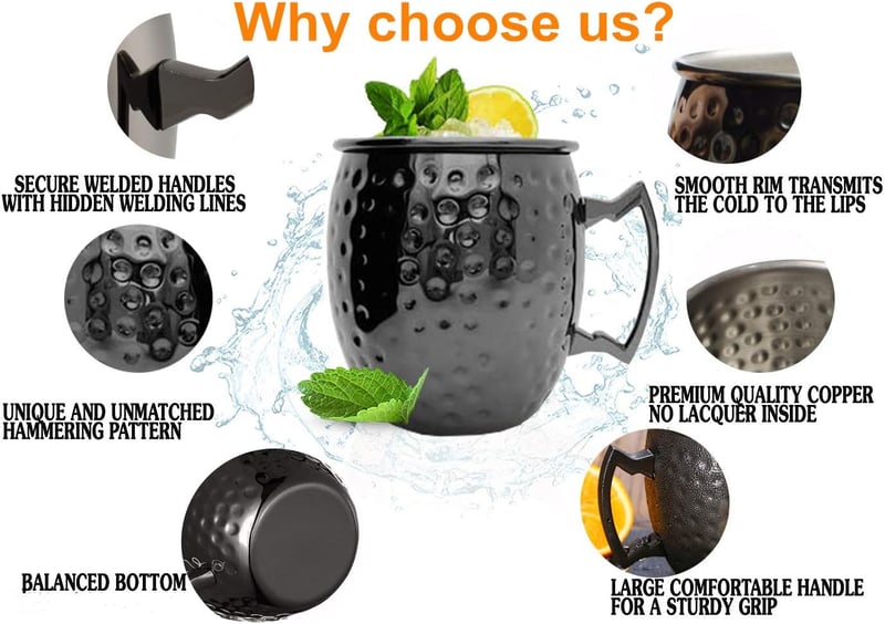 SuproBarware Moscow Mule Szett - 4 db Fekete Fém Koktélpohár (550 ml) Szívószálakkal és Mérőpohárral - Kézzel Készített Prémium Italszervíro